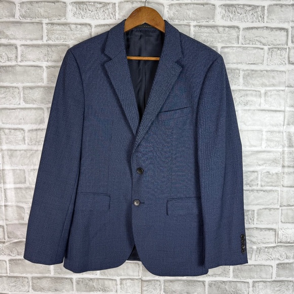 HUGO BOSS Navy Blue Micro Houndstooth Virgin Wool Blazer Suit Jacket Mens 36 s - Picture 1 of 13
